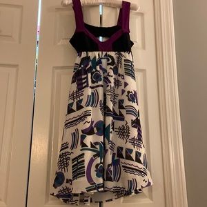 Black, White, Teal and Magenta mini dress. Scoop back with elastic back. $38